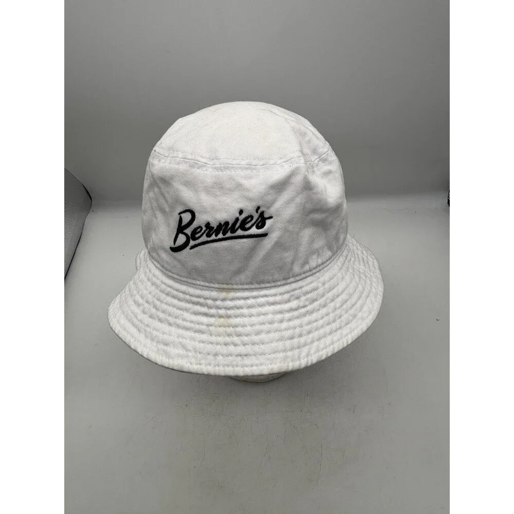 Bernies White Bucket Hat Newhattan Embroidered Script Logo Cotton Sun Cap SM